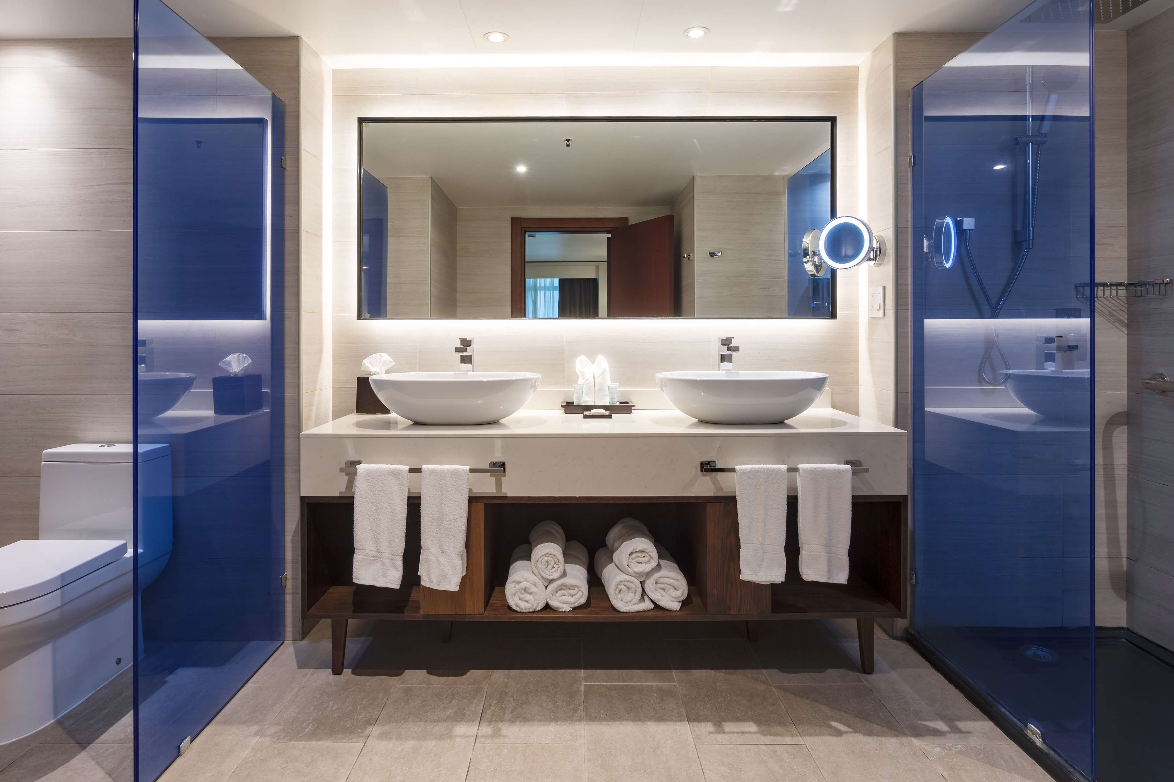 A modern bathroom with two sinks, a large mirror, and a glass shower enclosure.