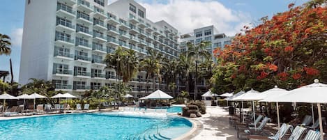 2 utomhuspooler, parasoller och solstolar