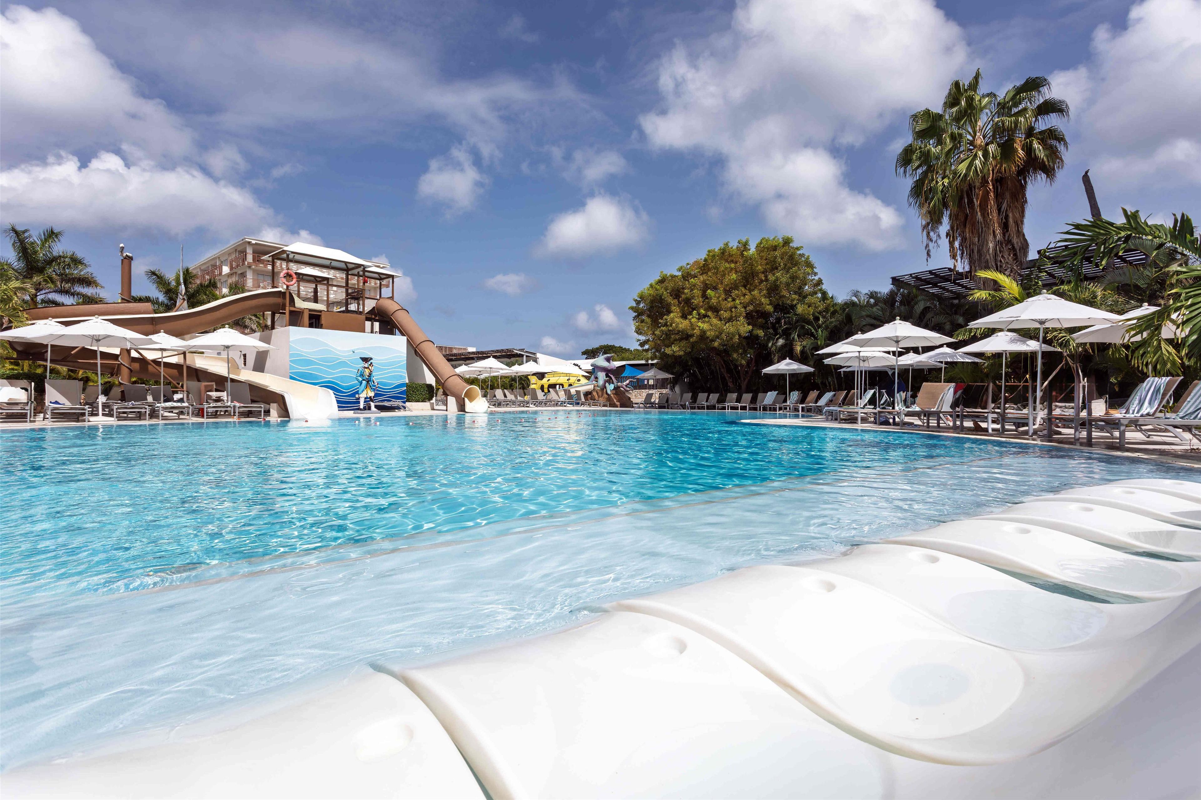 A swimming pool with lounge chairs and umbrellas, a water slide, and a palm tree.