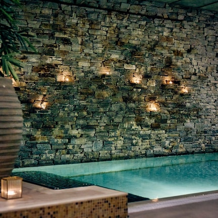 A stone wall with embedded lights, a pool, and a large potted plant.