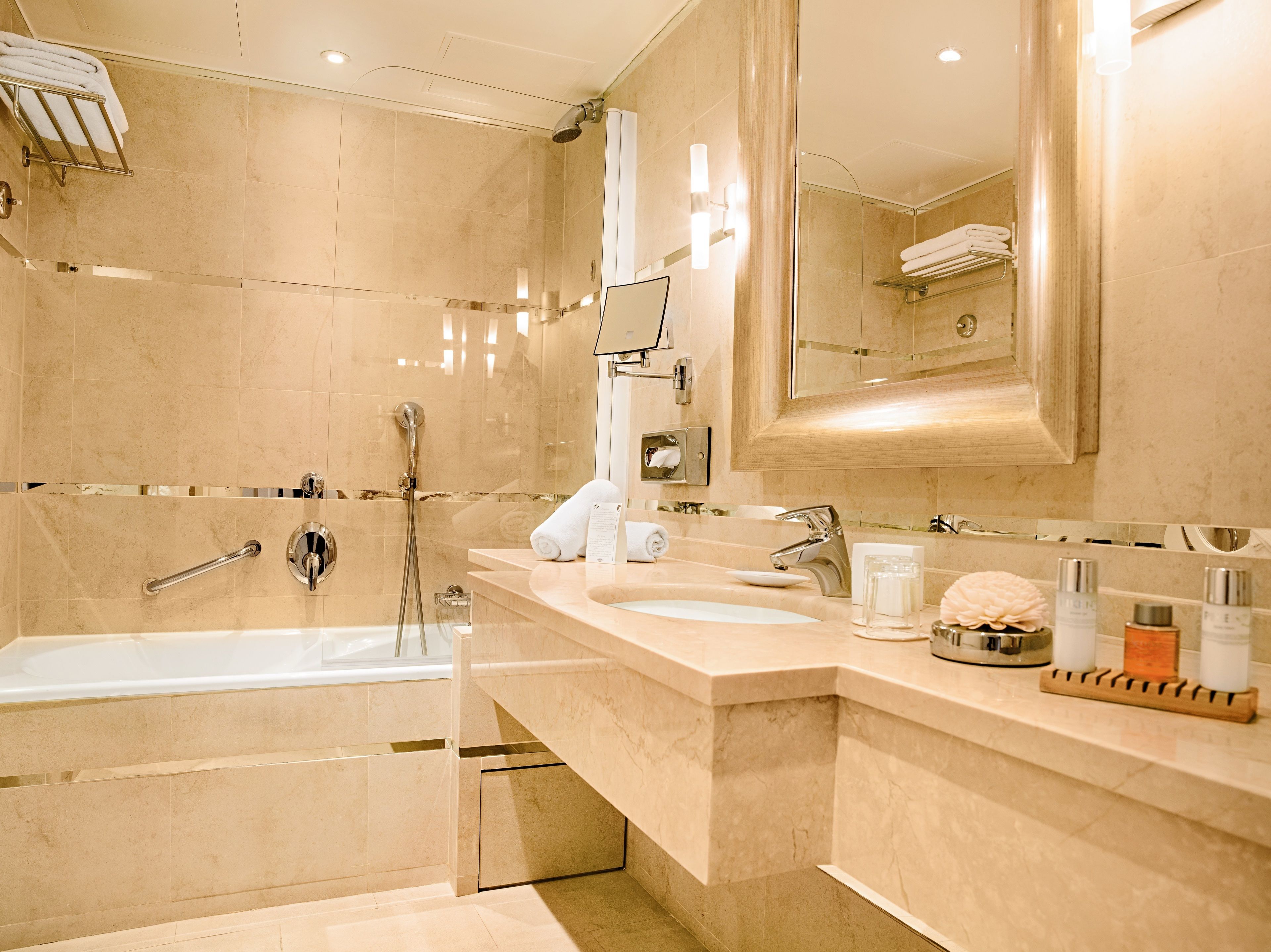 free toiletries, hair dryer, slippers, towels