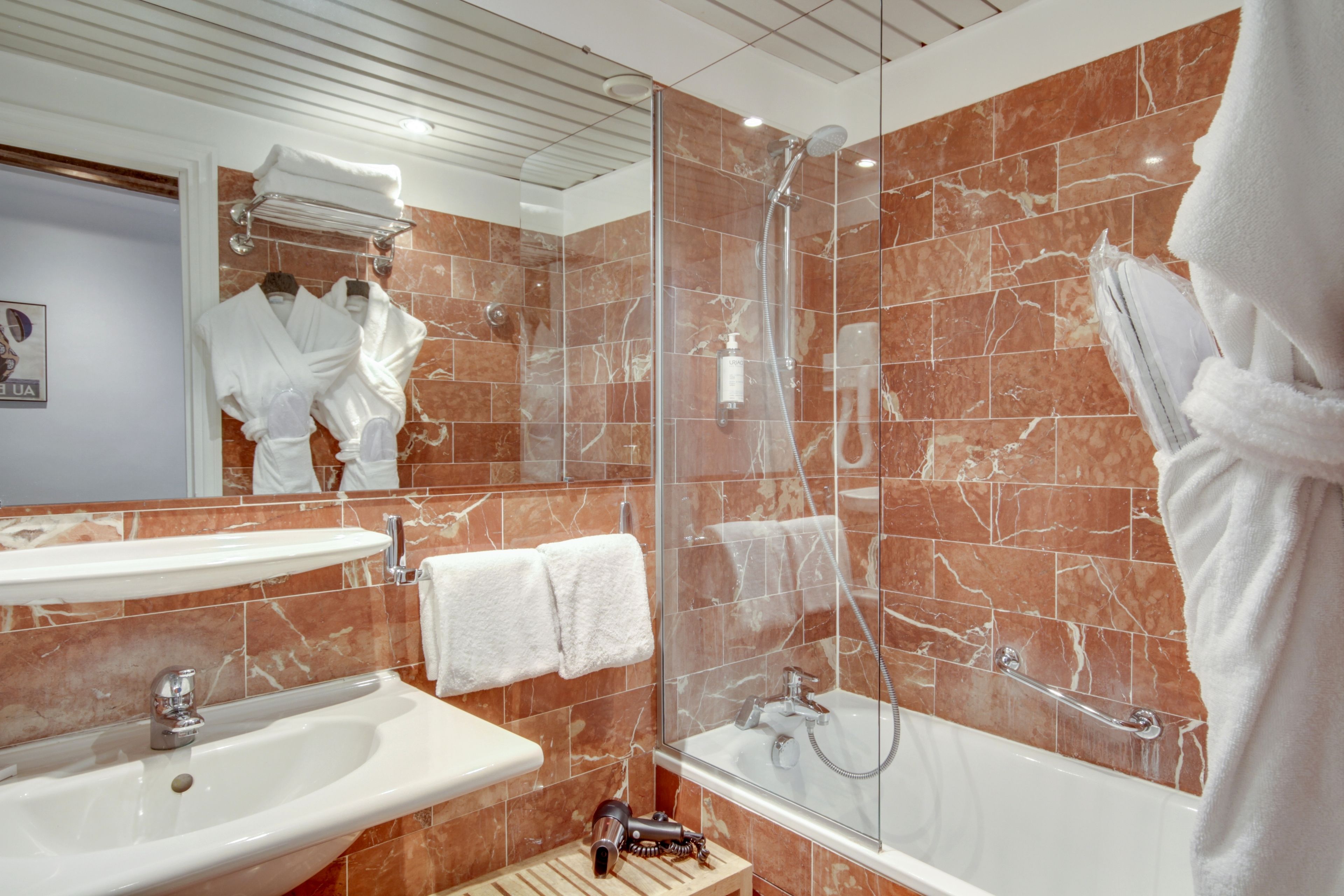prestige double room | bathroom | hair dryer, towels, soap, shampoo
