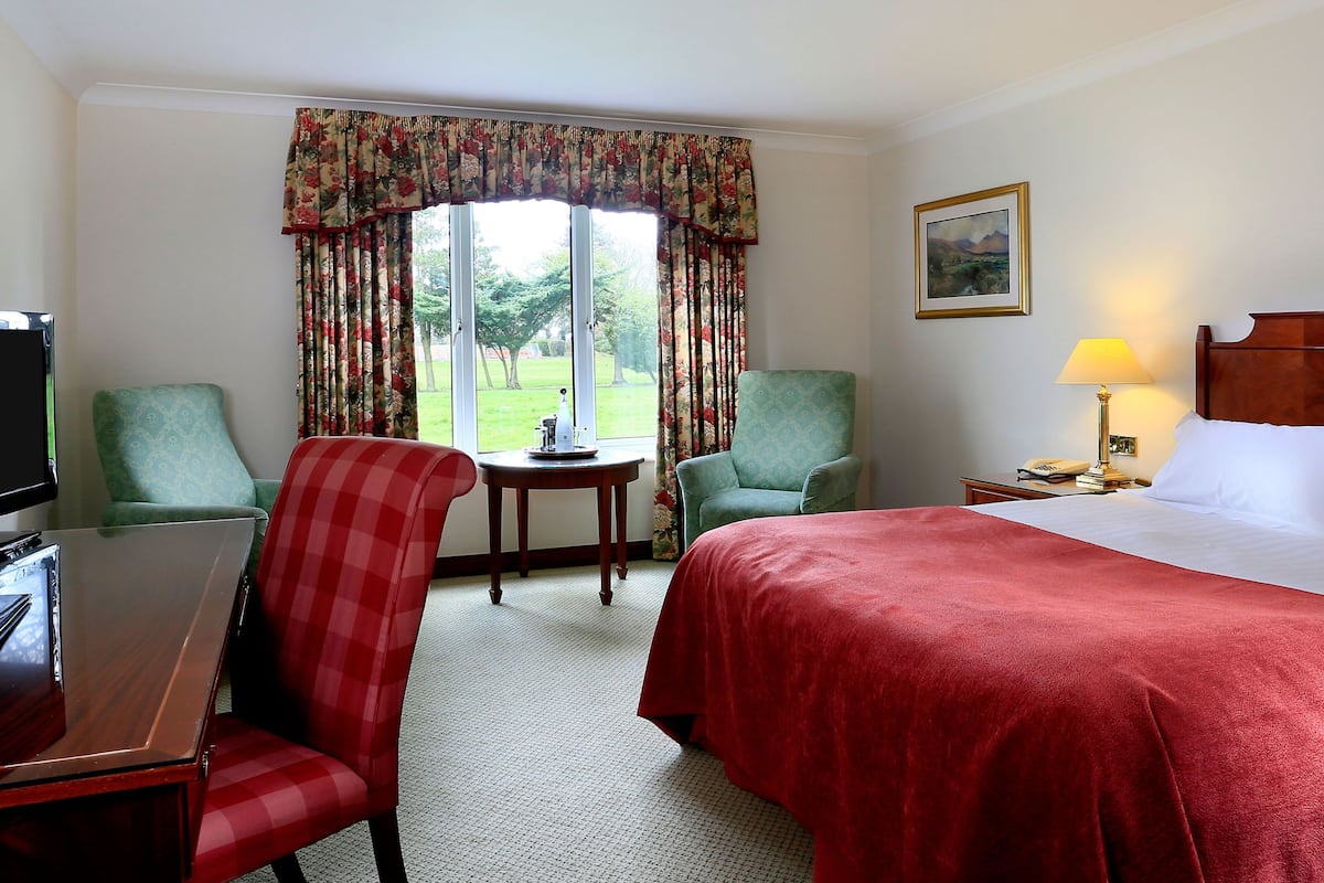 A hotel room with a bed, two armchairs, a small table, a TV, and a window with curtains.