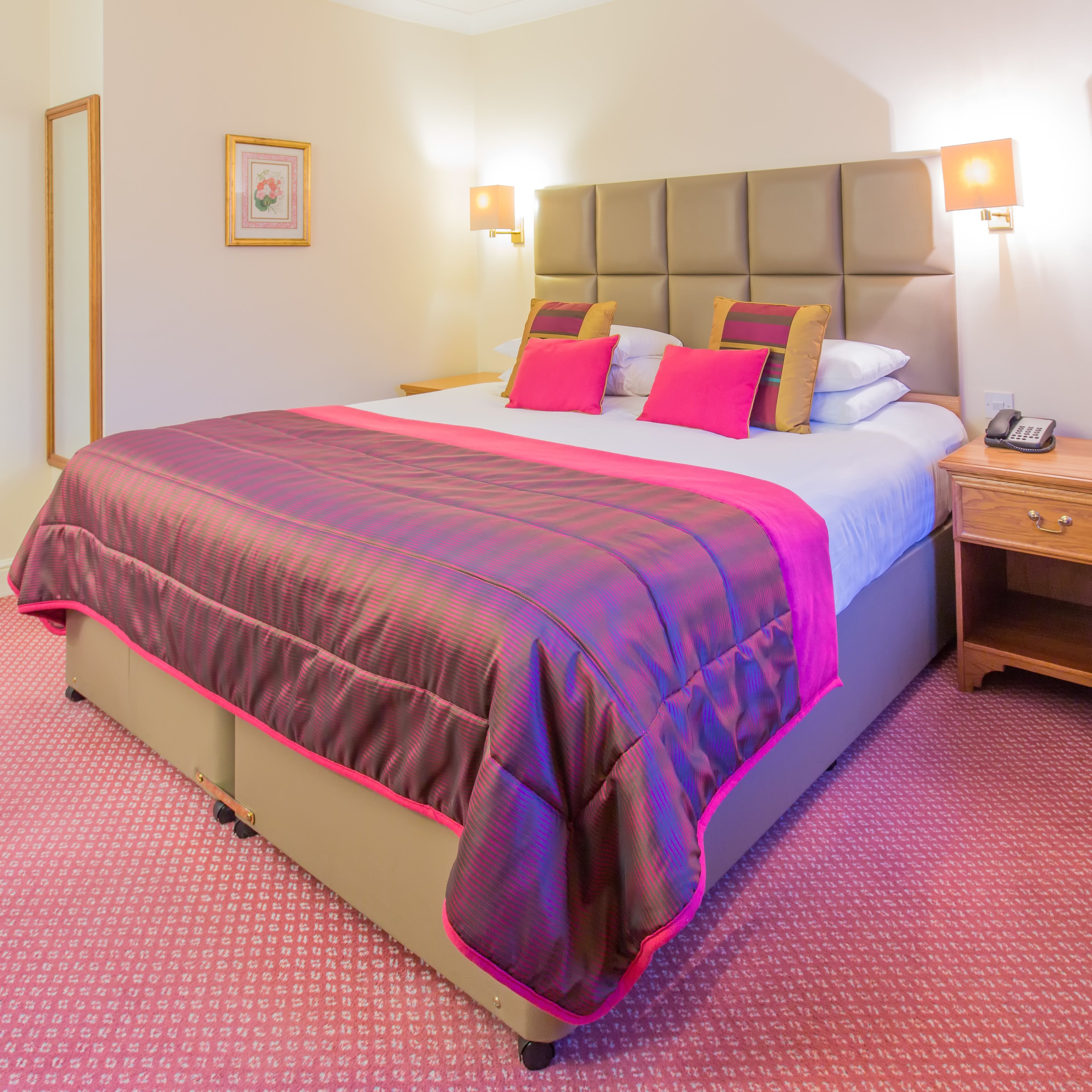 A hotel room with a large bed, a bedside table with a lamp, and a framed picture on the wall.