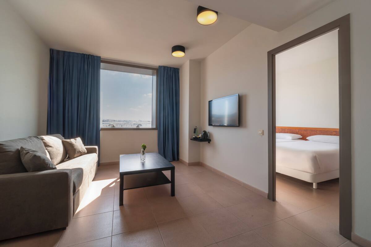 A hotel room with a sofa, a small table with a vase, a bed, a TV mounted on the wall, and a view of the city through the window.