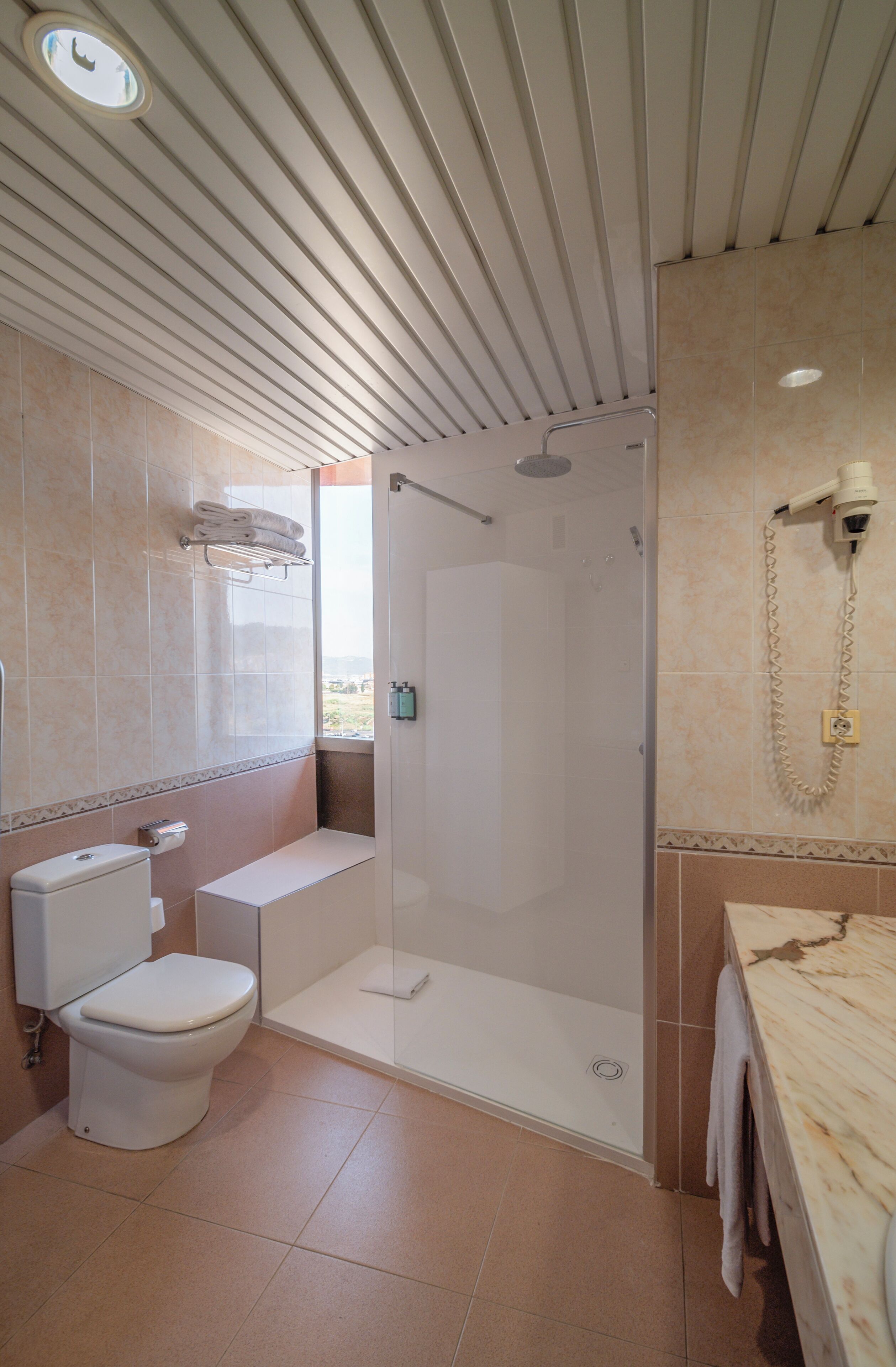 A bathroom with a toilet, shower, and sink.