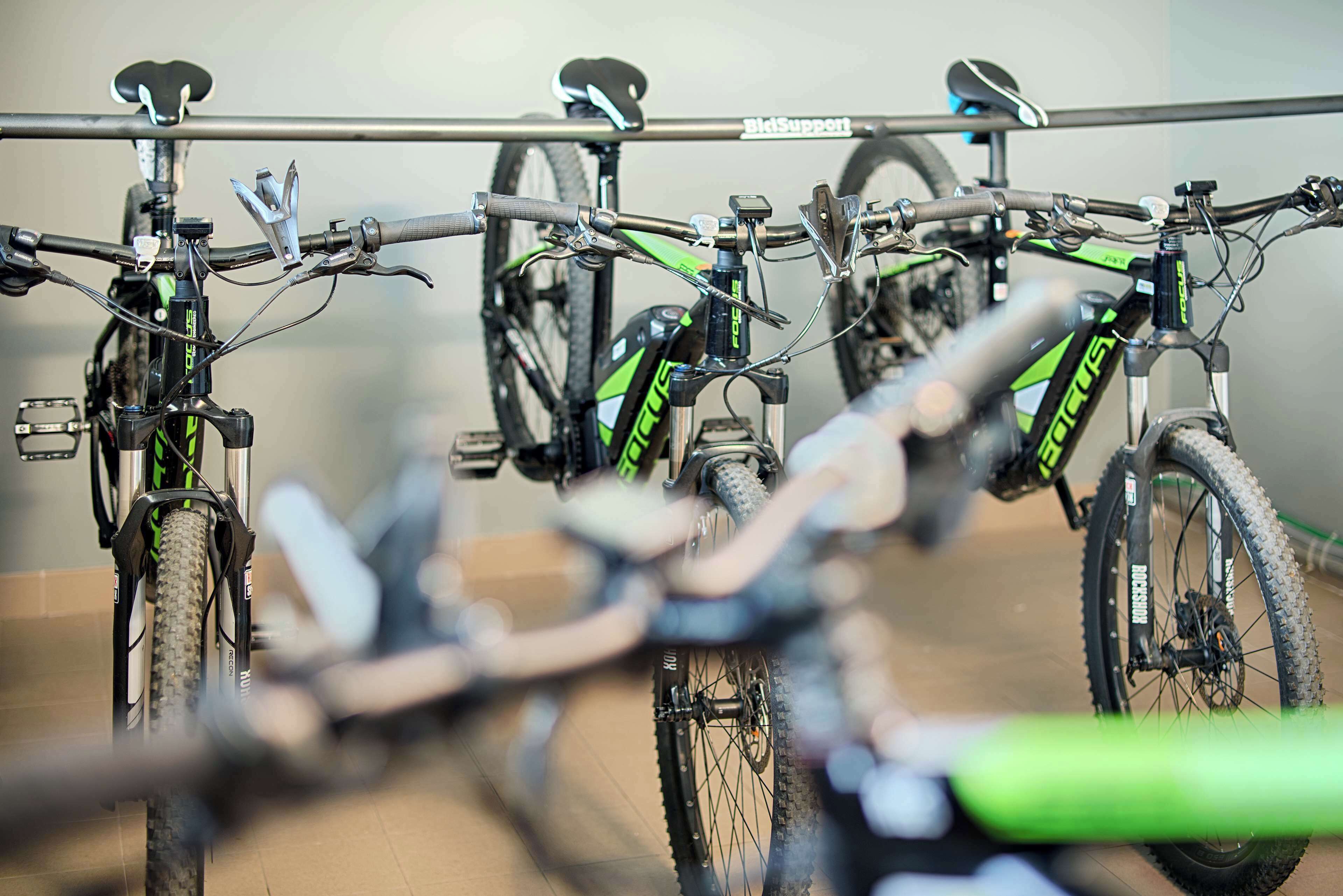 A row of bicycles parked in a facility.