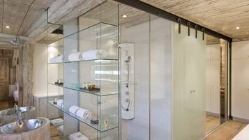 A modern bathroom with a glass-enclosed shower, a large mirror, and a built-in sink.