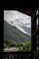Vista de uma paisagem montanhosa com picos nevados e floresta densa.