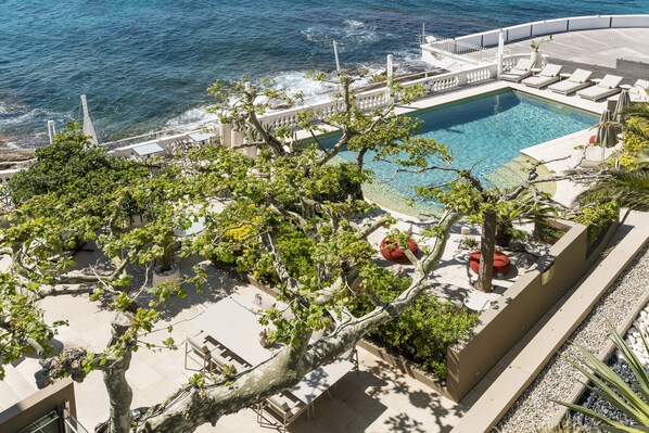 Seasonal outdoor pool, pool umbrellas, pool loungers