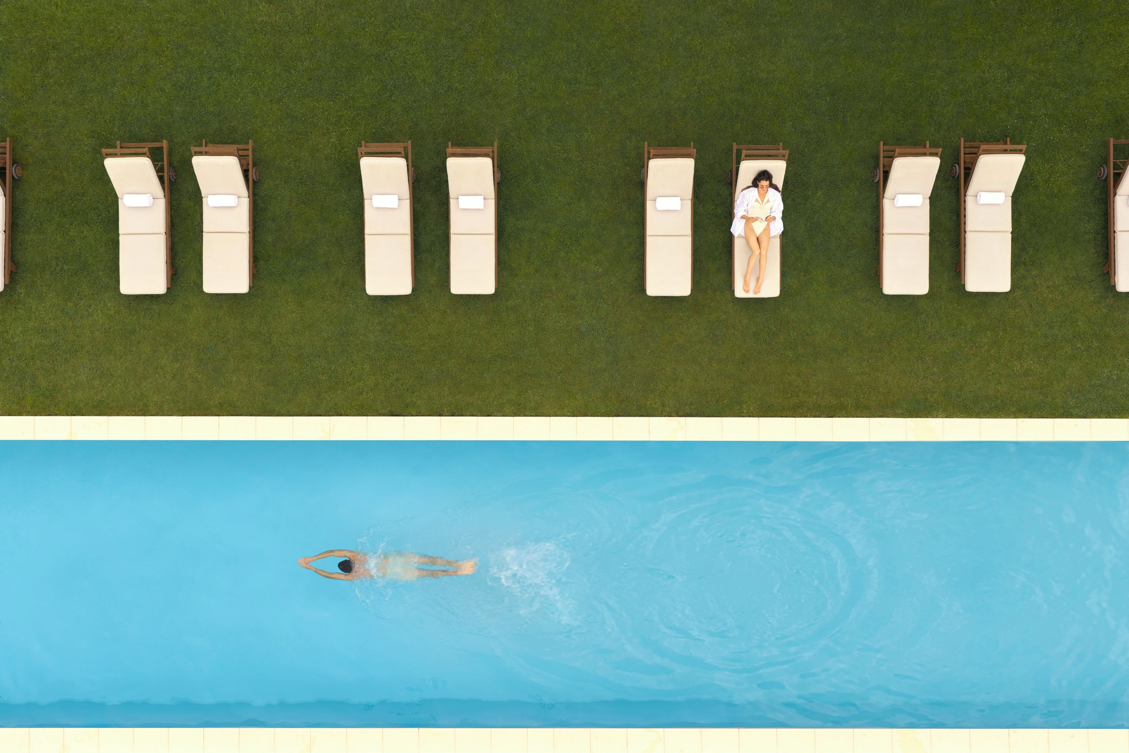 Outdoor pool, pool umbrellas, pool loungers