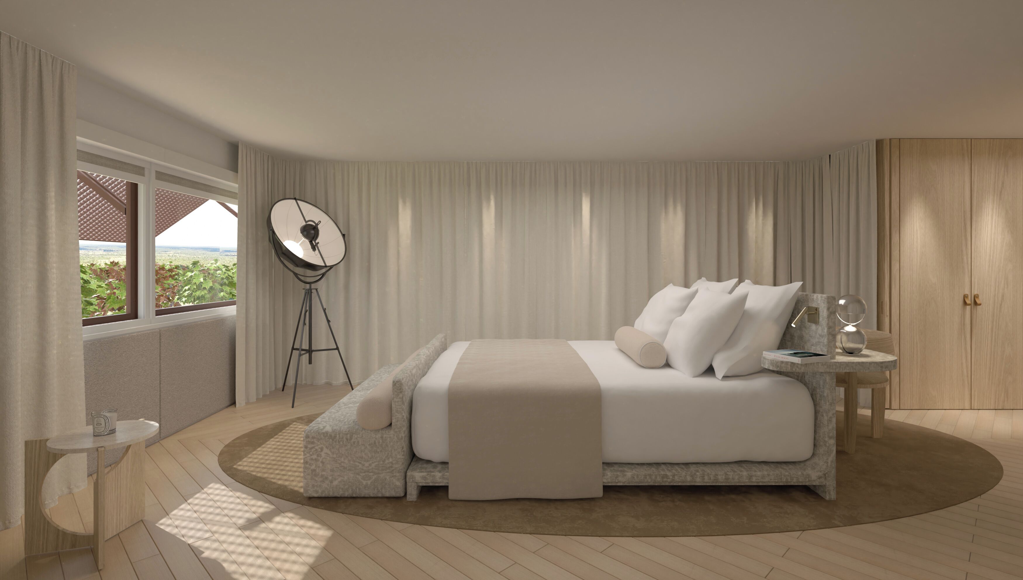 Un dormitorio con una cama grande, una mesita de noche, una lámpara de pie y una ventana con cortinas.