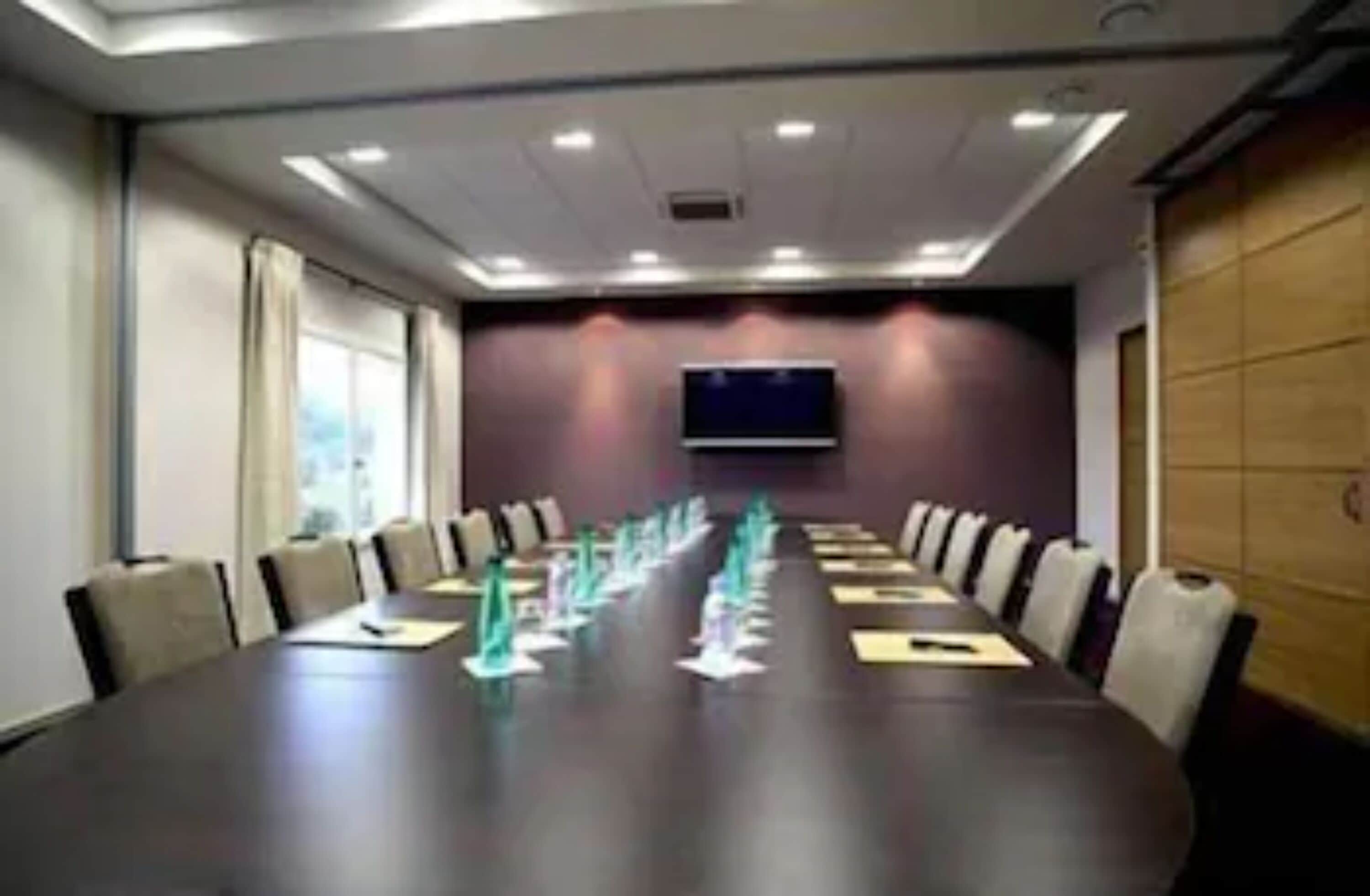 Un salón de conferencias con una mesa larga, sillas, una pantalla de televisión y un ventanal.
