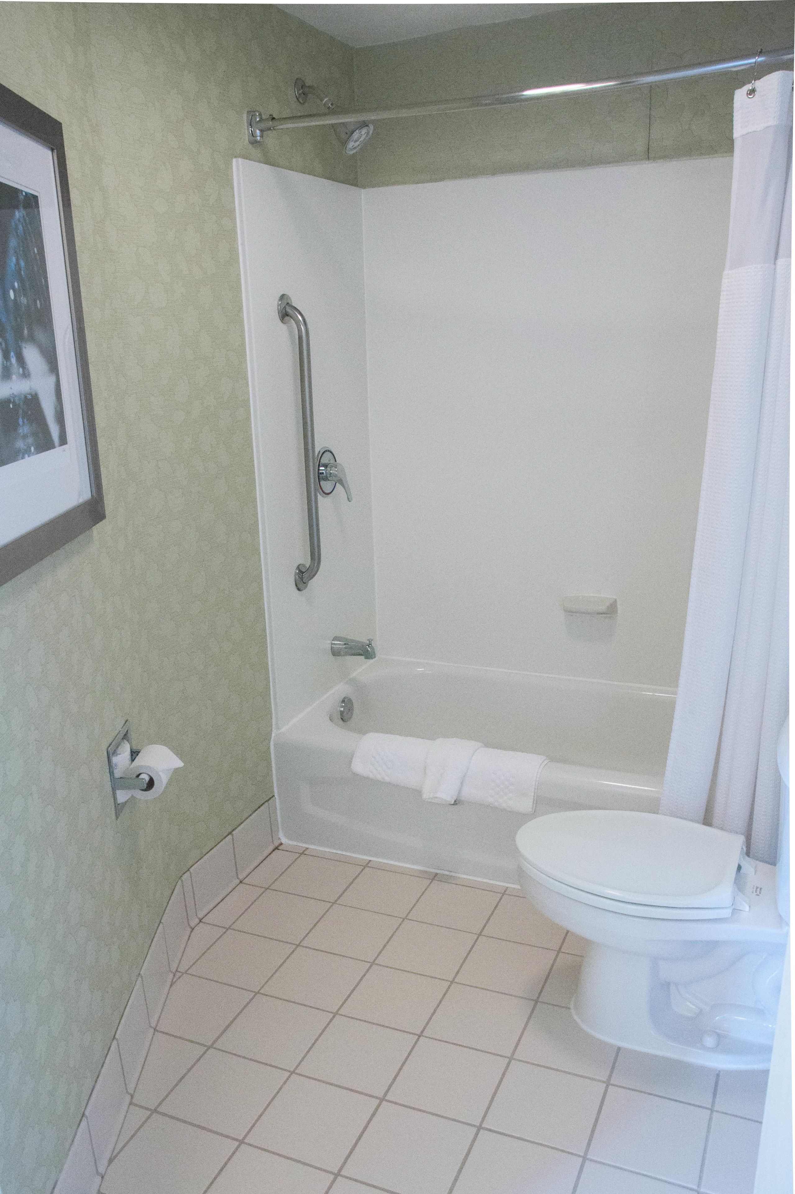 combined shower/bathtub, free toiletries, hair dryer, towels