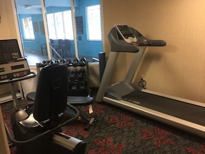 A gym with a treadmill, weight bench, and dumbbells.