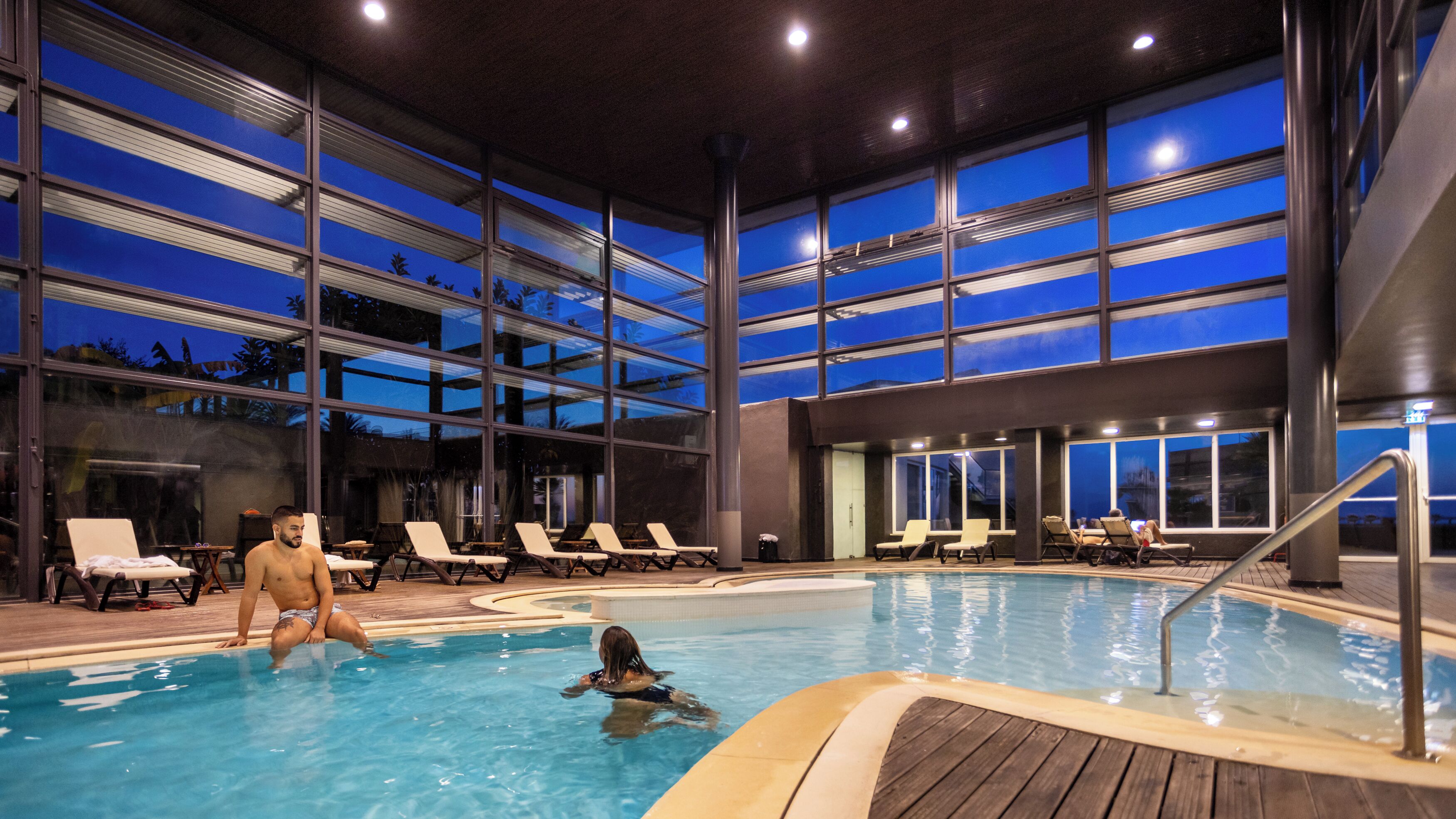Indoor pool, outdoor pool, sun loungers