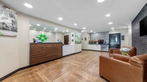 Zona de recepció amb taulell de fusta, un logotip verd, una cuina al fons i un sofà de cuir marró.