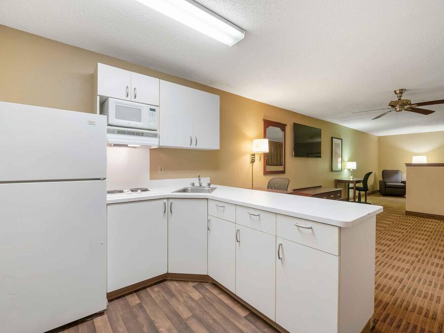 Een koelkast met diepvriezer, een microgolfoven, een kookplaat