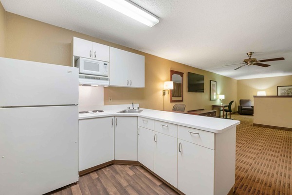 Coffee/tea maker, full-size fridge, microwave, stovetop