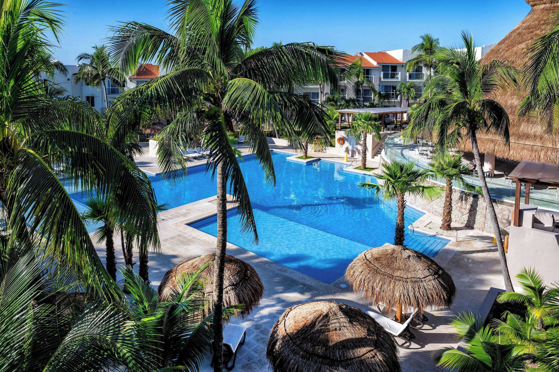 Outdoor pool, pool umbrellas, sun loungers