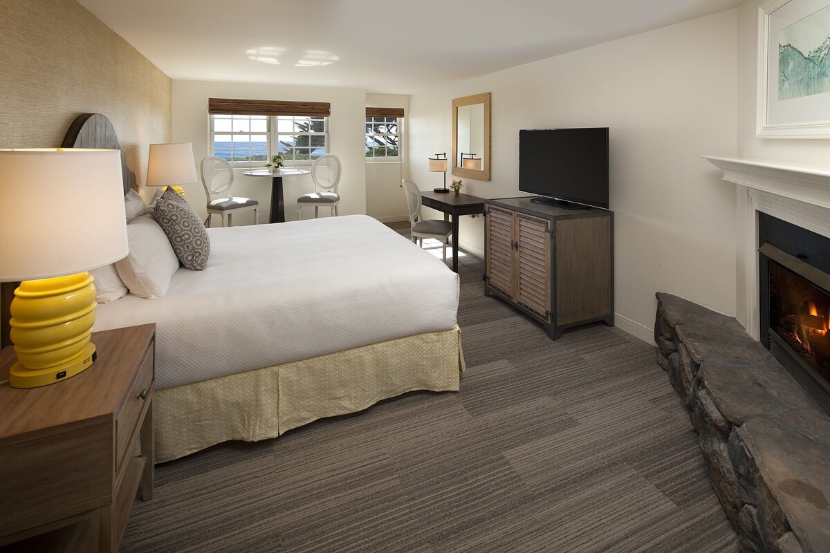 Habitación de hotel con cama, escritorio, televisión, chimenea y vistas al exterior.