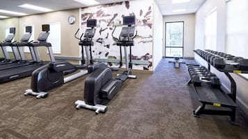 A gym with treadmills, elliptical machines, and dumbbells.