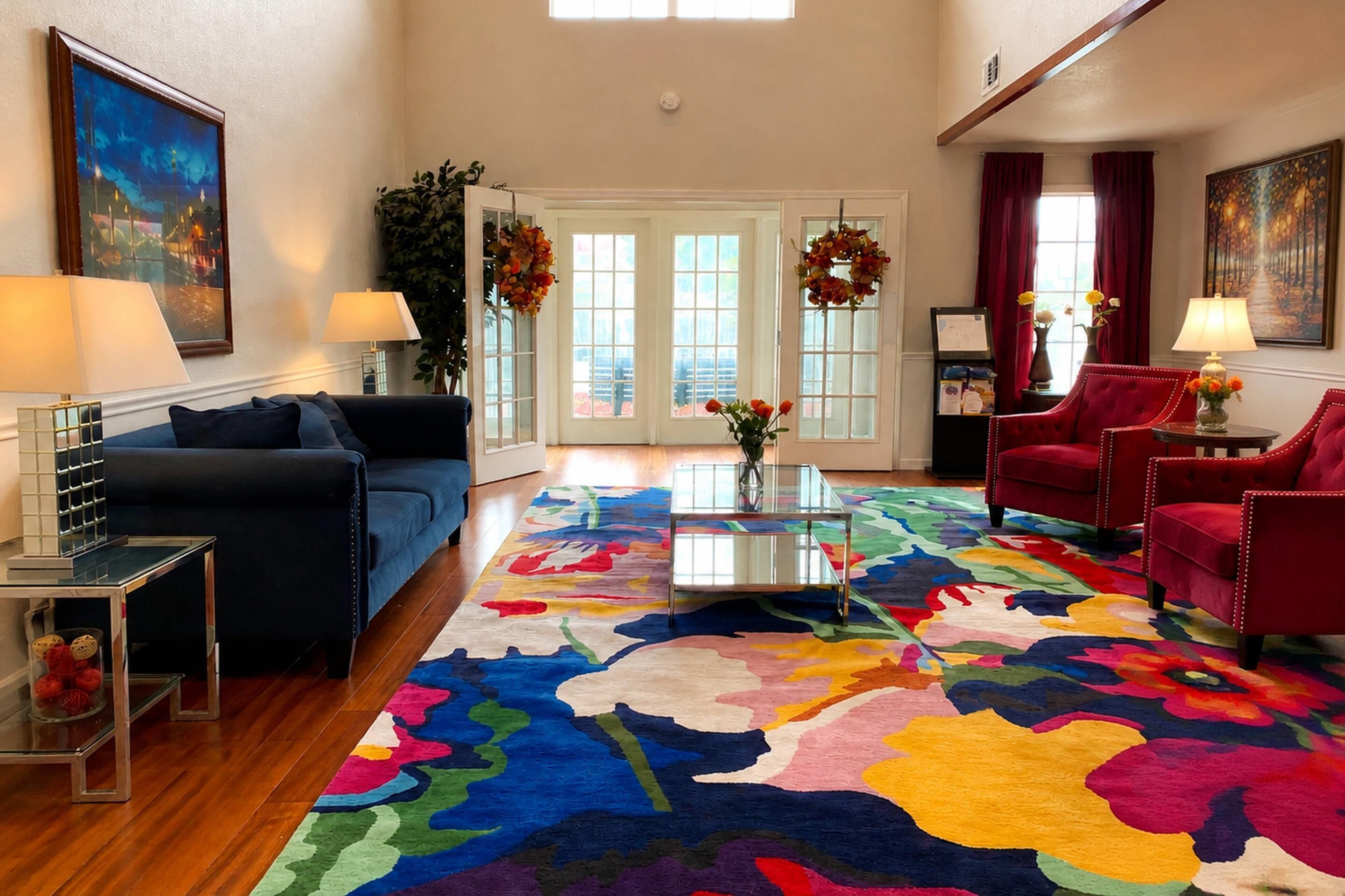 A living room with a blue sofa, red chairs, a glass coffee table, and a colorful rug.