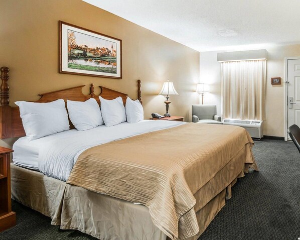 Habitación de hotel con una cama grande, una mesita de noche con lámpara, una silla, una ventana con cortinas y un cuadro en la pared.
