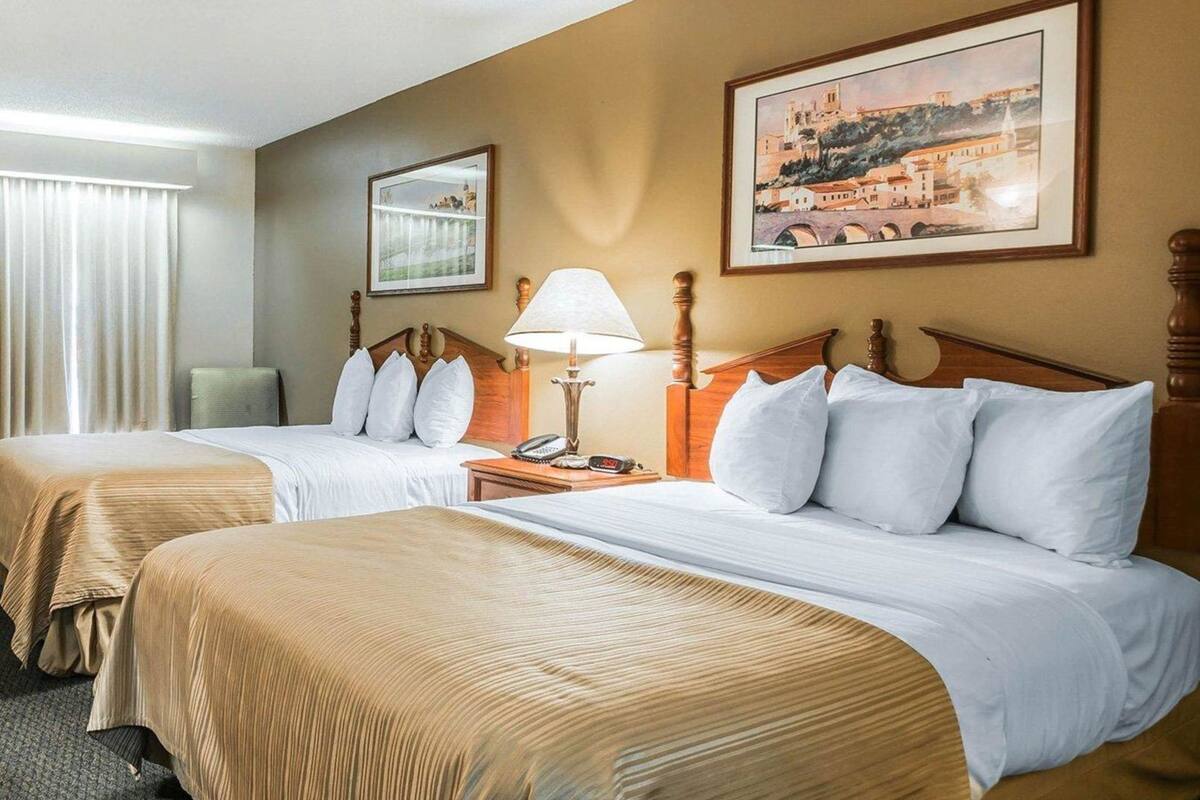 A hotel room with two beds, a nightstand with a lamp, a telephone, and a painting on the wall.