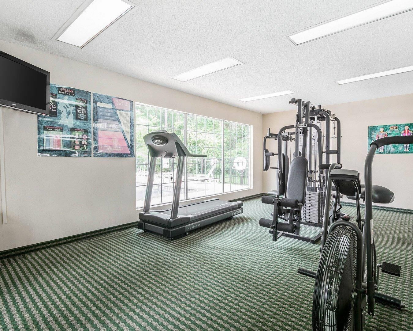 A gym with a treadmill, weight machines, and a mirrored wall.