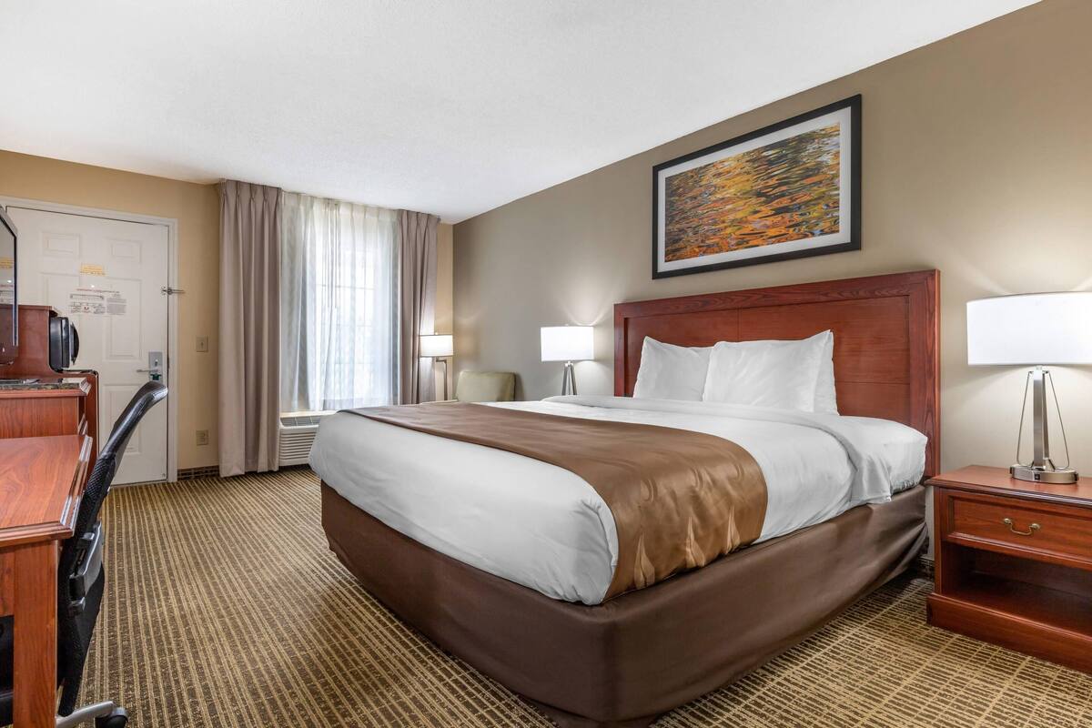 Quarto de hotel com uma cama grande, duas mesas de cabeceira com luminárias, uma escrivaninha de madeira, uma cadeira e um quadro na parede.