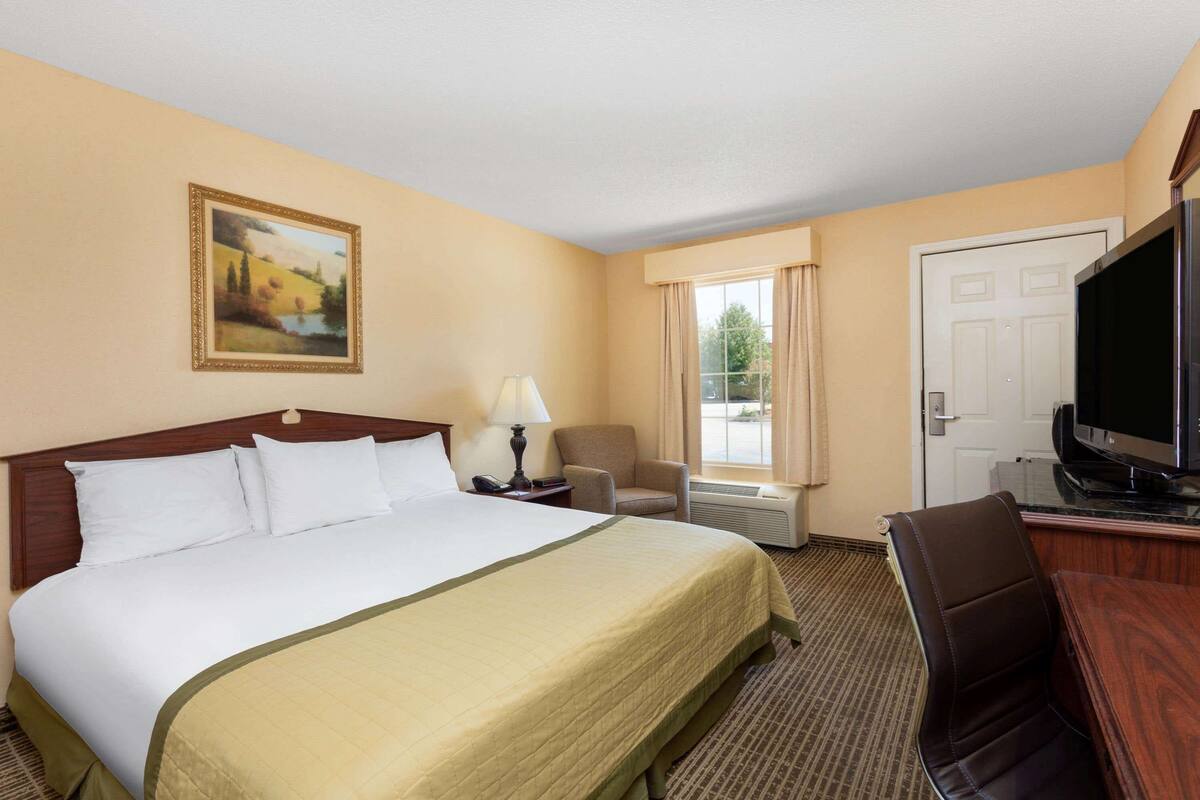 Una habitación de hotel con una cama grande, un escritorio con televisor, una silla, una lámpara y un cuadro en la pared.