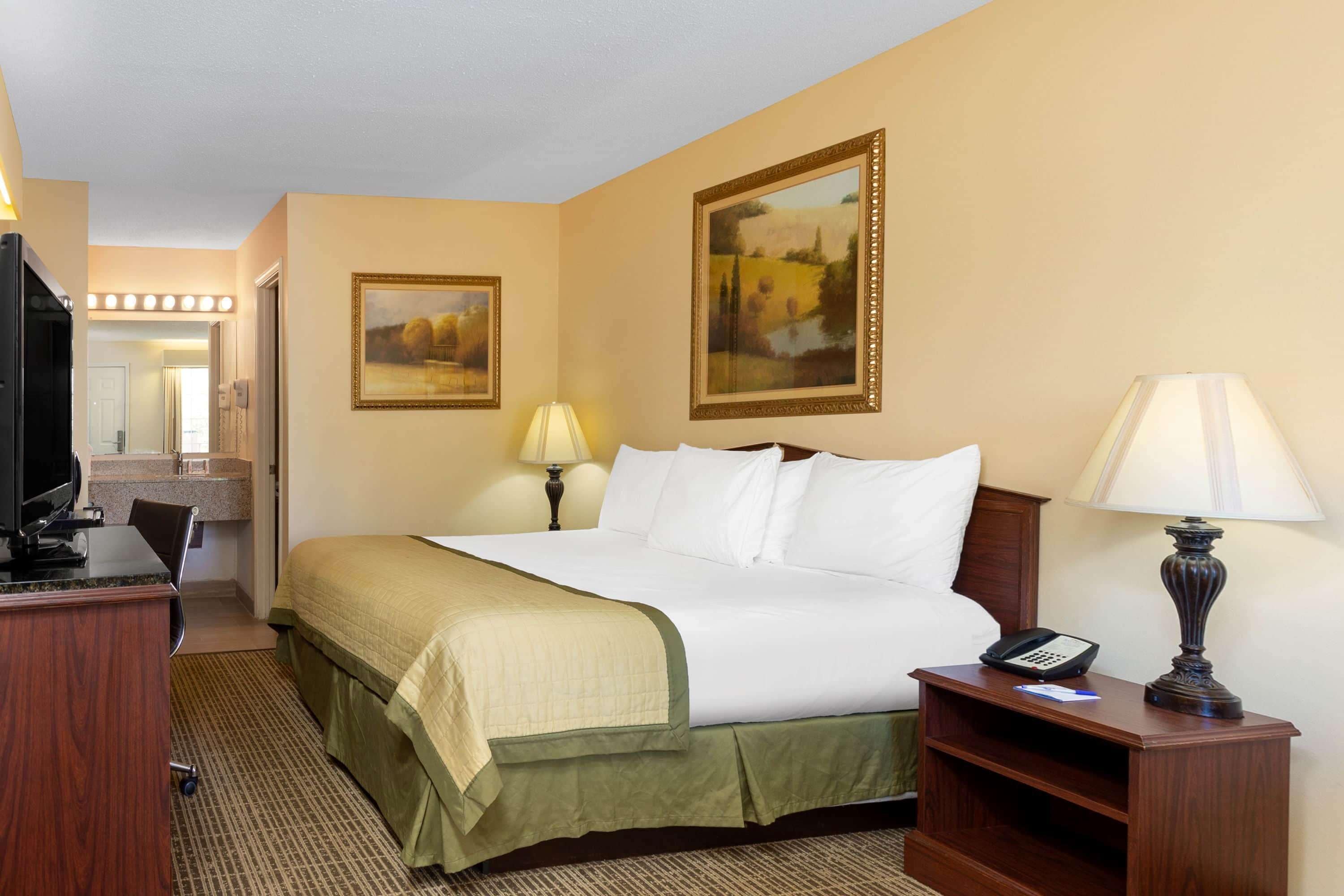 A hotel room with a bed, bedside table, lamp, and a desk with a television.