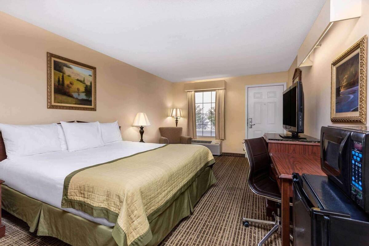 Habitación de hotel con cama, escritorio, televisión y un cuadro en la pared.