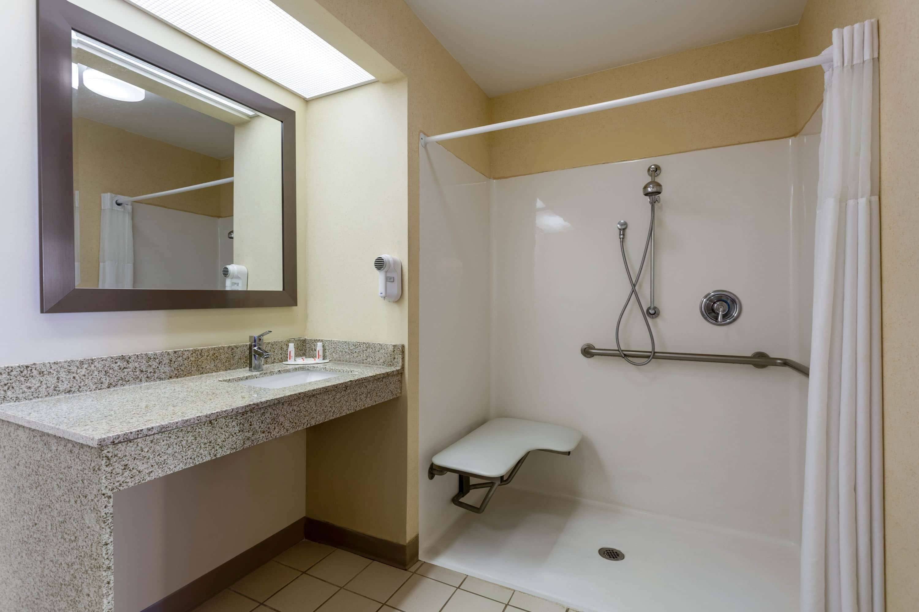 A bathroom with a granite countertop sink, a mirror, a shower with a grab bar, and a ceiling light.