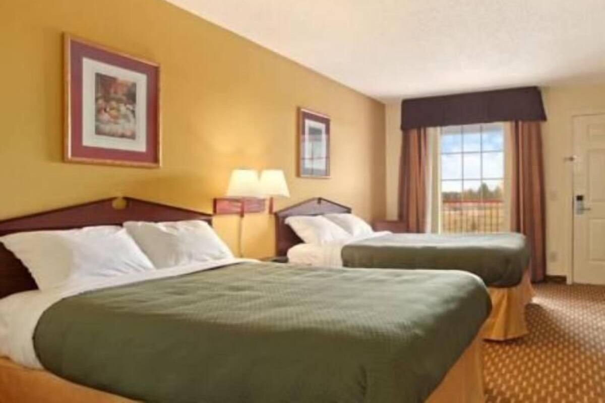 Una camera d'albergo con due letti, una finestra con tende, un quadro appeso al muro e una lampada sul comodino.