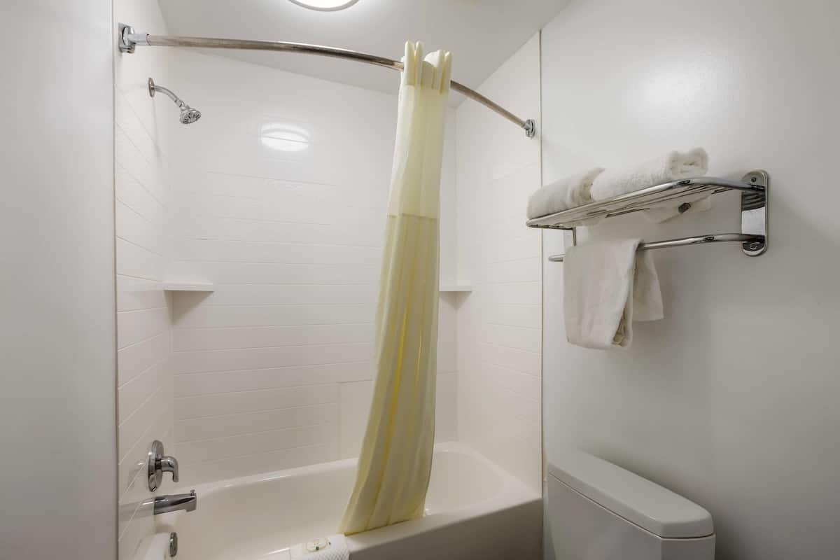 Ein Badezimmer mit einer Badewanne, einer Duschvorhang, einem Handtuchhalter mit Handtüchern und einer Toilette.