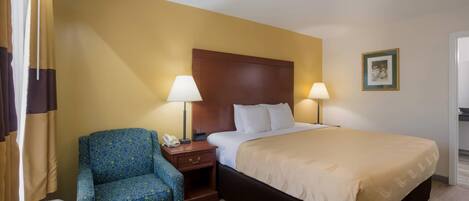 A hotel room with a bed, two bedside lamps, a chair, a nightstand, and a wall-mounted picture.