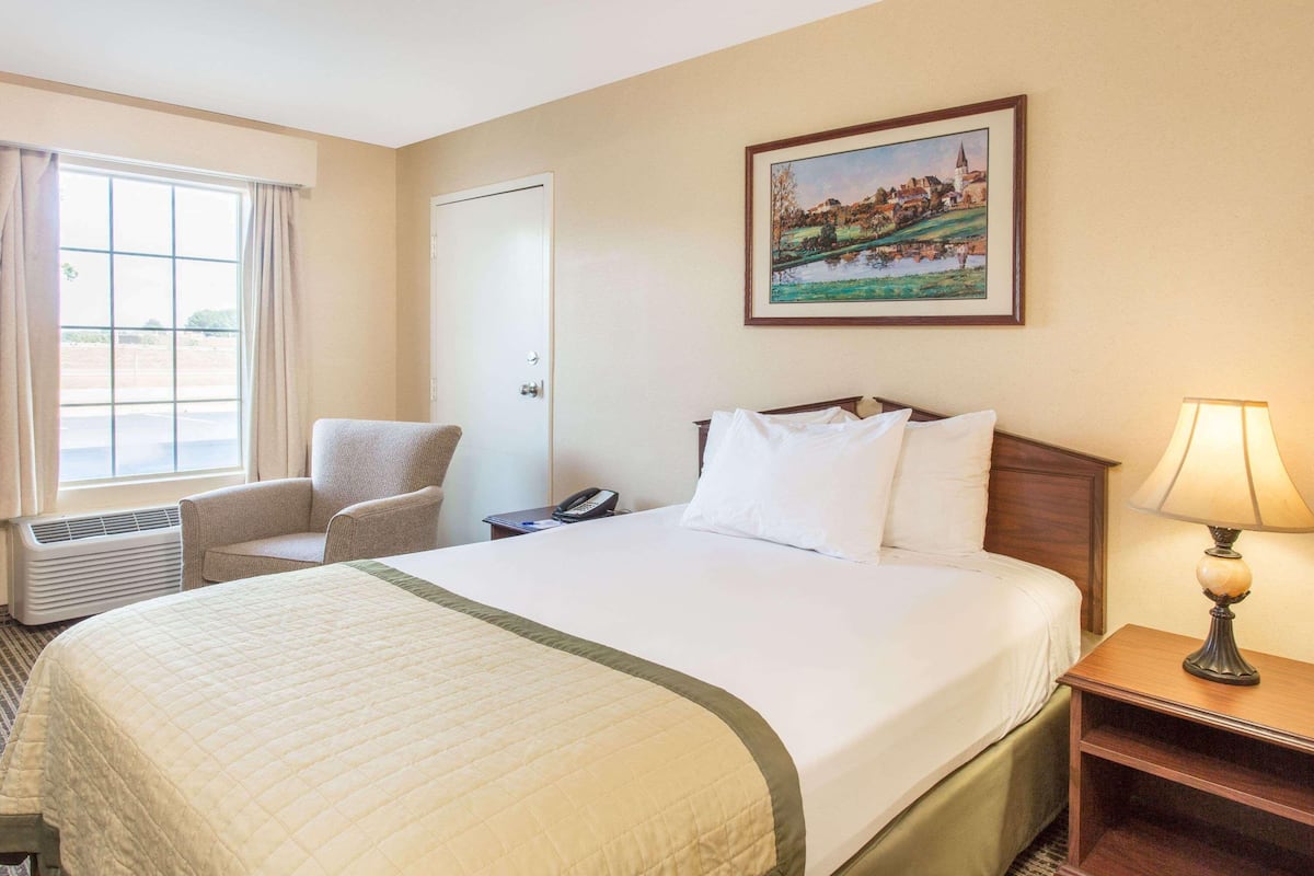 Habitación de hotel con una cama grande, una silla, una mesita de noche con lámpara, un teléfono y un cuadro en la pared.