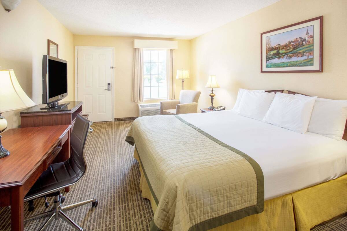 A hotel room with a bed, desk, chair, TV, and lamps.
