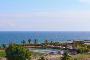 Vista sulla costa con un campo sportivo, palme e un corpo d'acqua.
