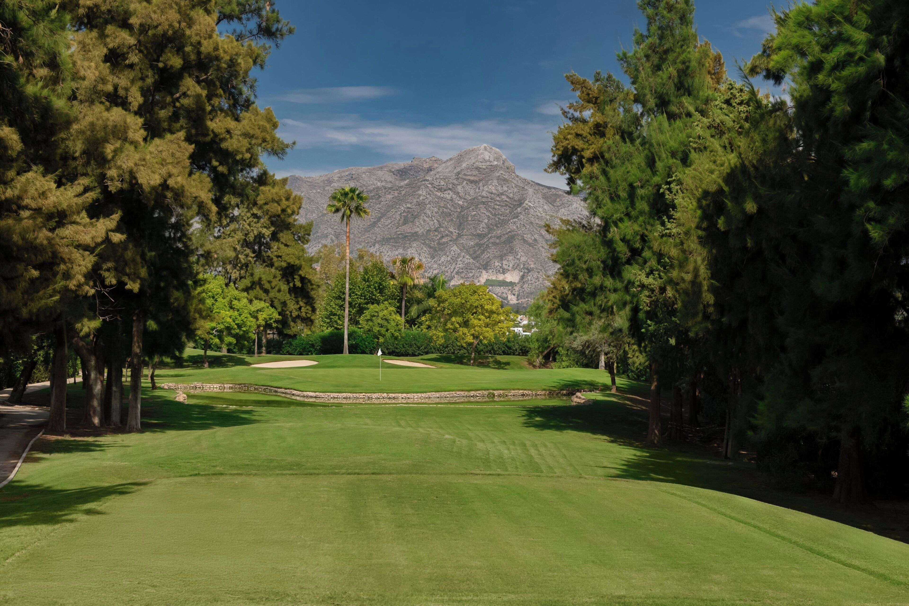 A golf course with a mountain in the background, surrounded by trees.