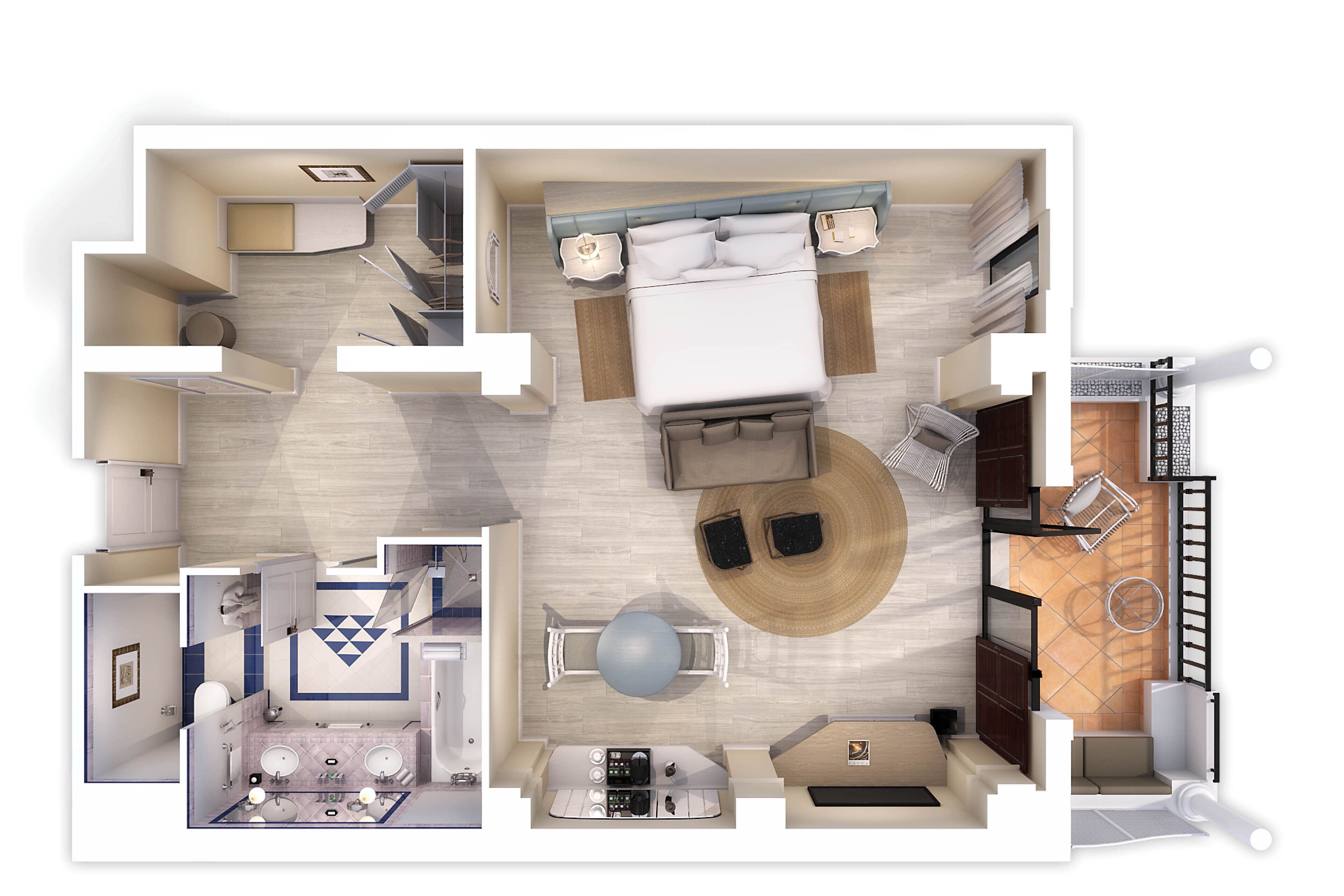 Distribución de una habitación de hotel con cama, zona de estar, cocina y baño.