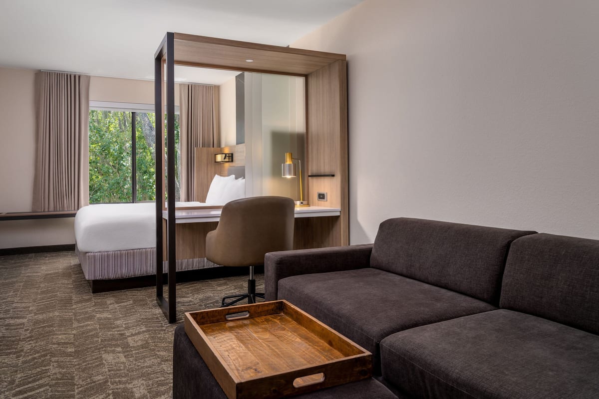 Habitación de hotel con cama, escritorio, silla, sofá y un espejo grande.