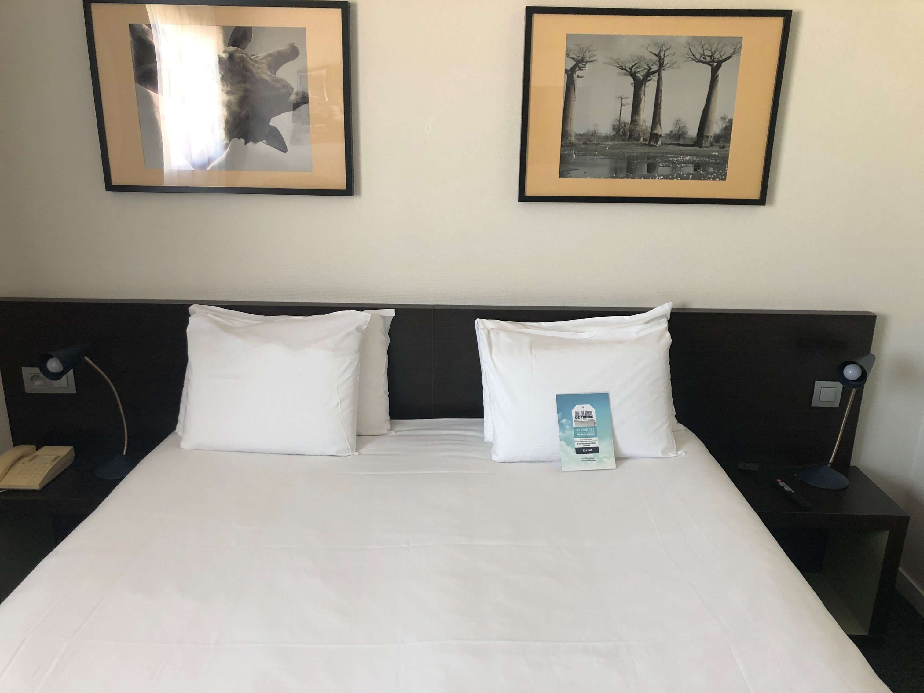 A hotel room with a large bed, two white pillows, a nightstand with a lamp, and two framed pictures on the wall.