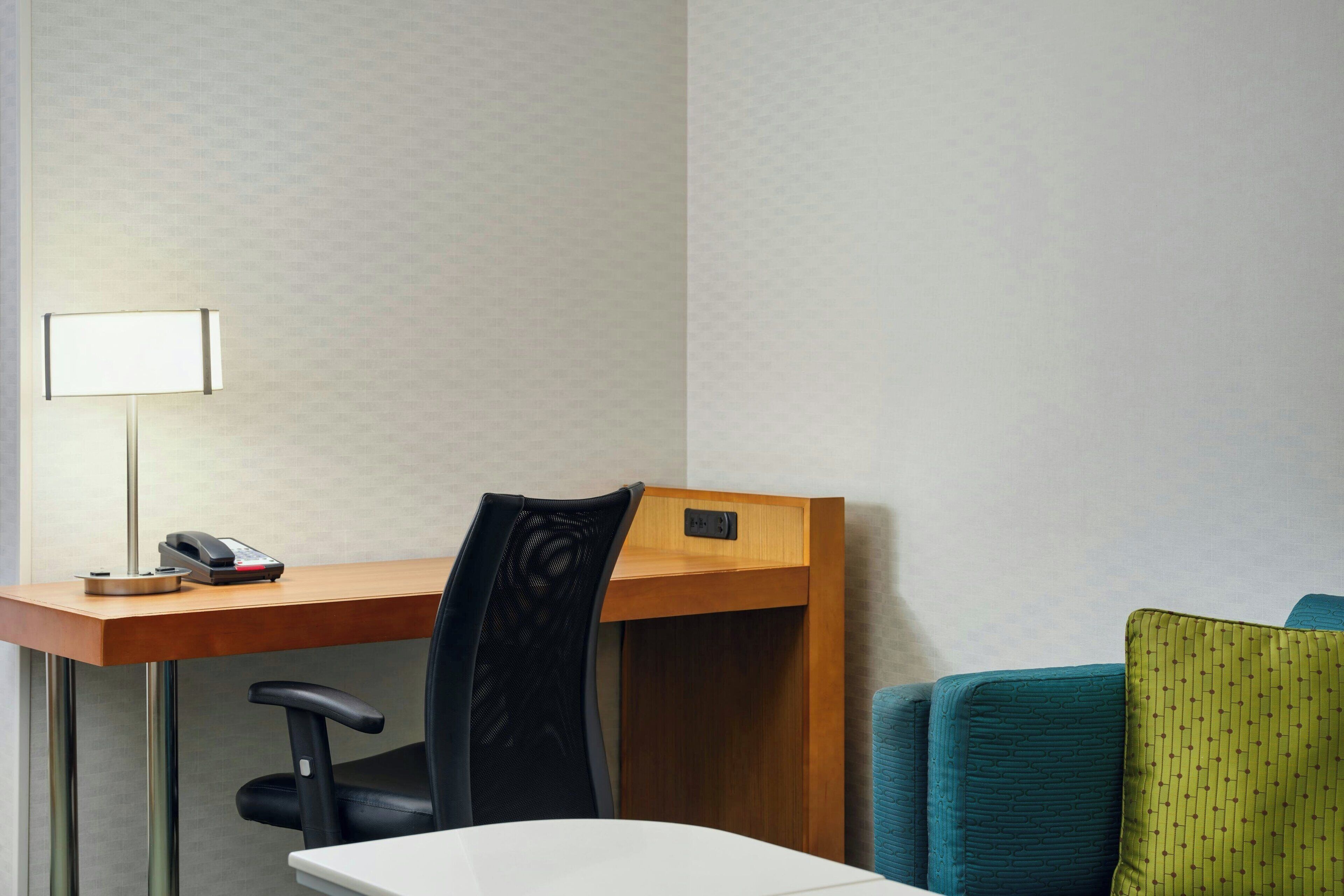 down duvets, desk, laptop workspace, blackout curtains