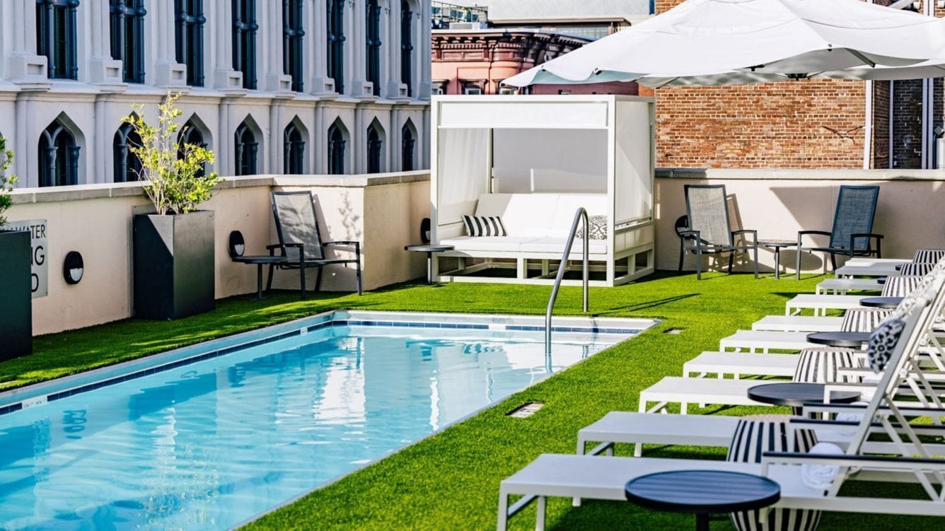 outdoor pool, open 7:30 am to 6:30 pm, pool loungers