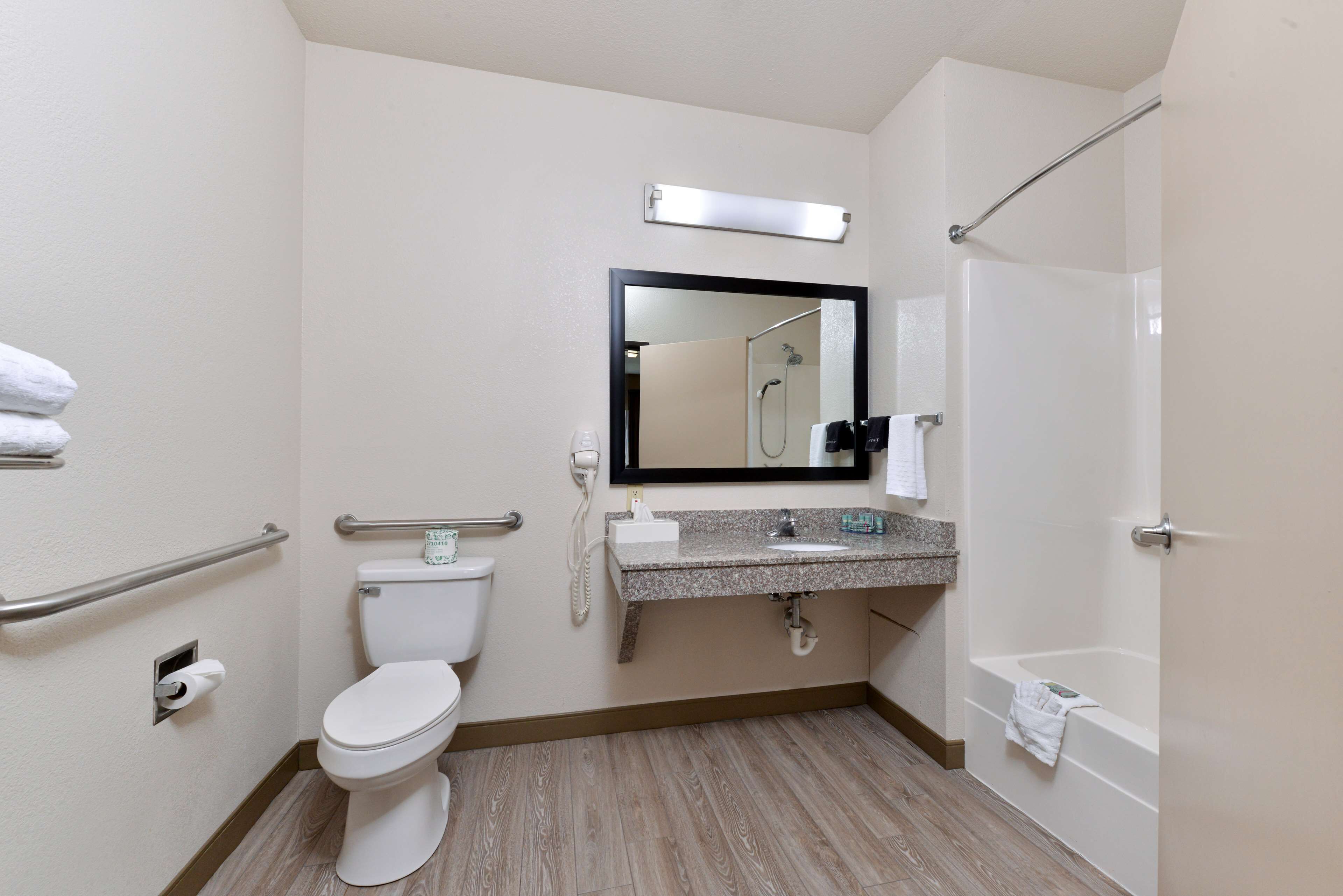 hair dryer, towels, soap, shampoo