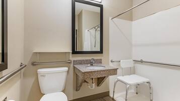 Een badkamer met toilet, wastafel, spiegel, douche en een rolstoeltoegankelijke stoel.
