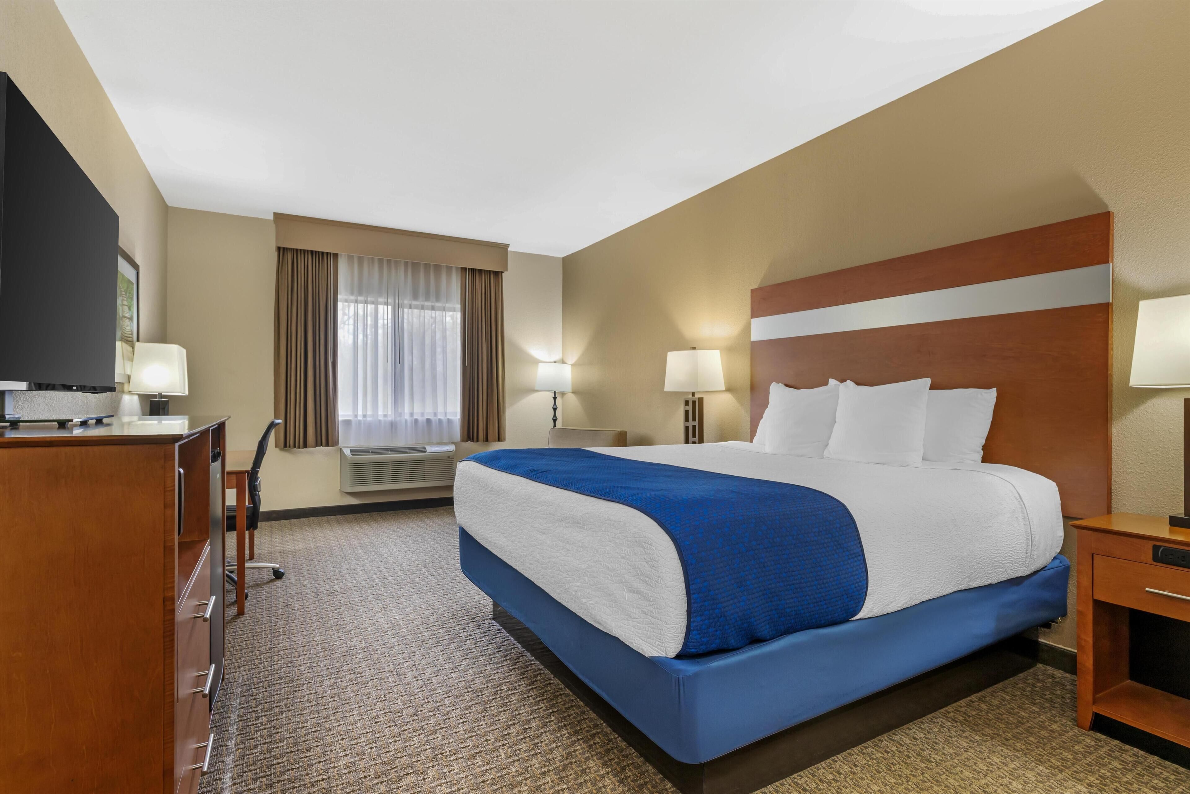 Standaard kamer, 1 kingsize bed, niet-roken, koelkast & magnetron | Een bureau, een laptopwerkplek, een strijkplank/strijkijzer